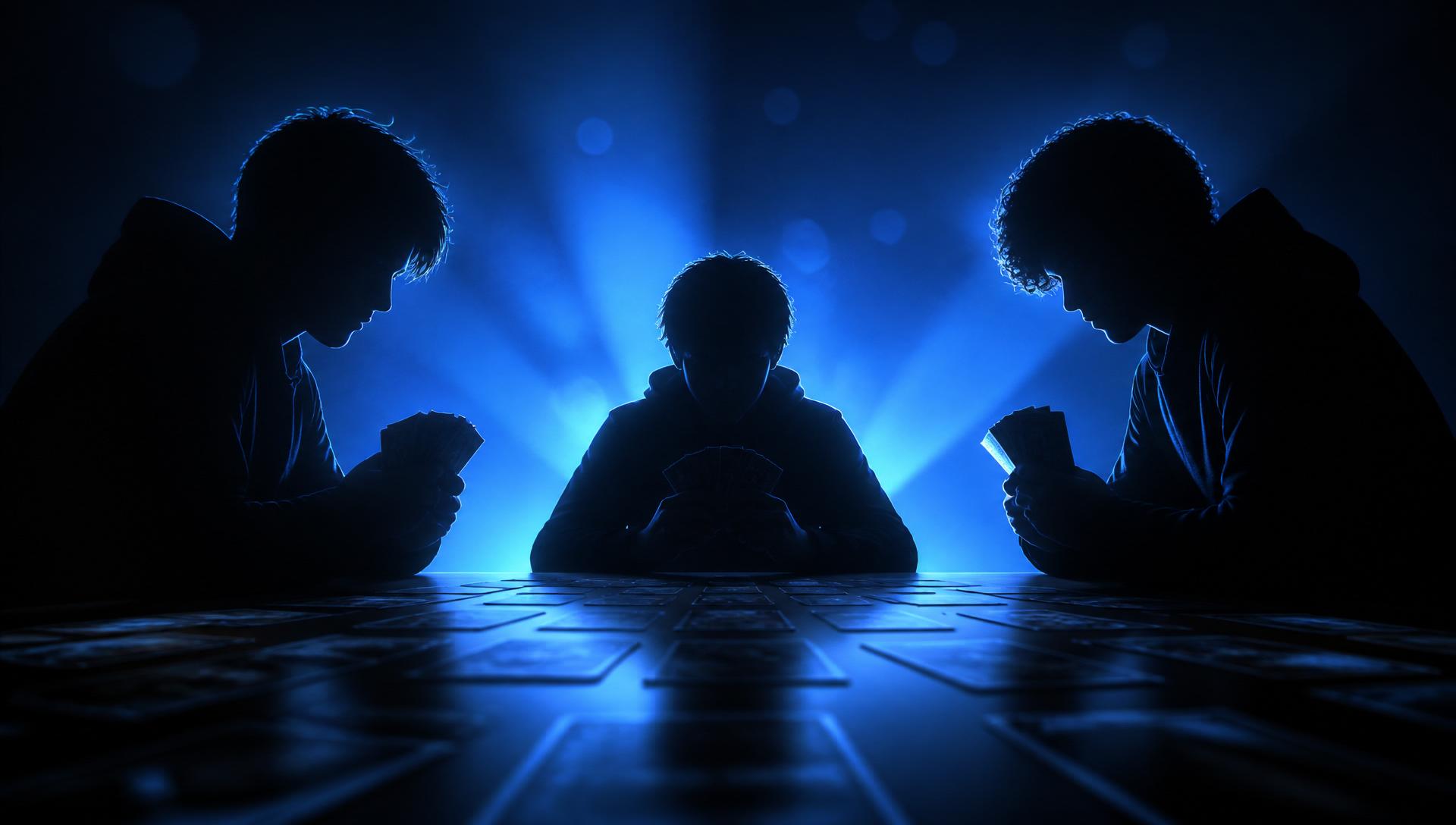 Four friends playing Magic: The Gathering Commander in a cozy game store